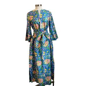 Vintage David Brown Floral Bouquet Cotton Zip Up Belted Caftan Dress Size Small